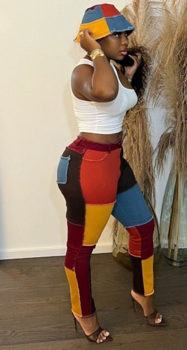 Multi color block pants with hat set