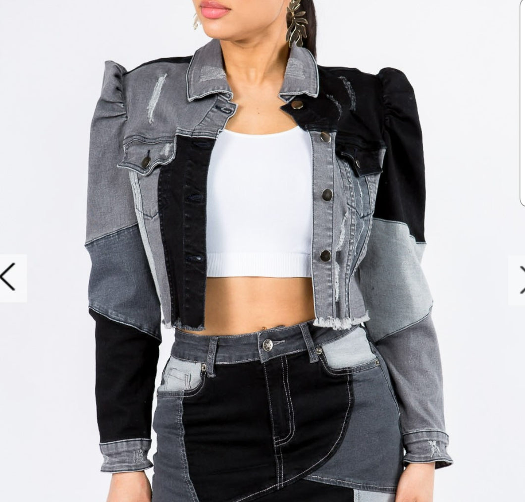 plus size patchwork crop denim jacket